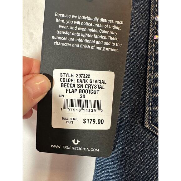 NEW True Religion 30 Becca Crystal Flap Rhinestone Mid Rise Bootcut Jean $179 B6 - Picture 4 of 7